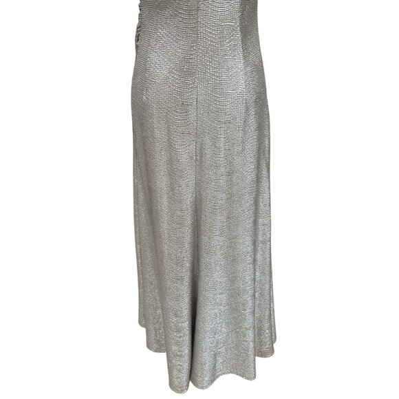 David Meister Silver One Shoulder Gown Formal Dress 8 Ruched Metallic Glam - Picture 11 of 12